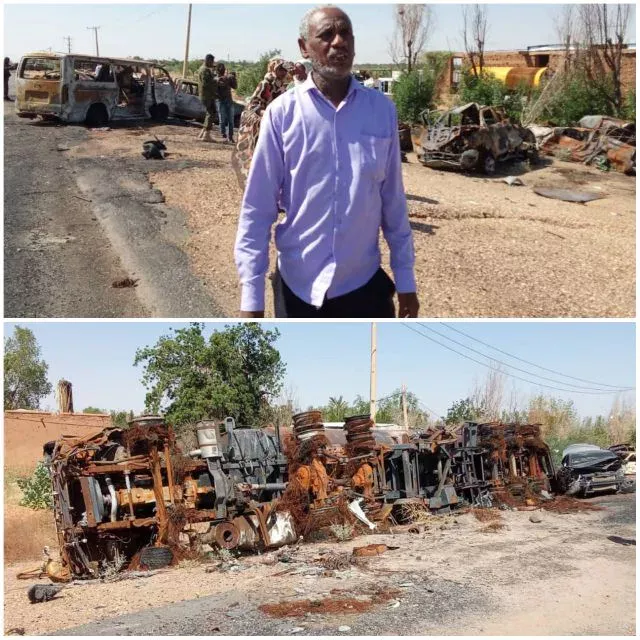 Journalists stand at the scene of ambushes by armed forces, which destroyed militia equipment and equipment