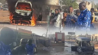 Civil Defense forces of the state of Al-Jazeera suppress a fire that broke out in a transport vehicle near the southern section of Boudadni