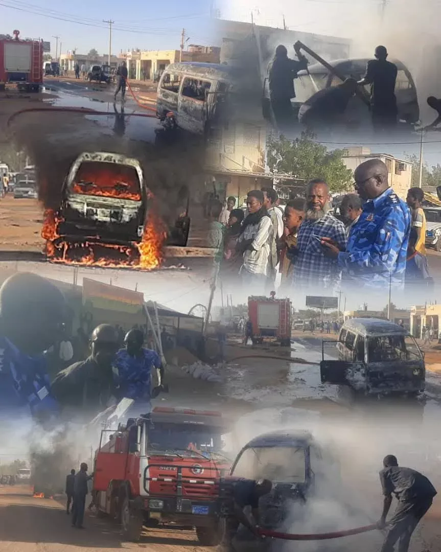 Civil Defense forces of the state of Al-Jazeera suppress a fire that broke out in a transport vehicle near the southern section of Boudadni